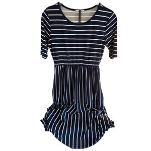 Reborn J Navy White Stripe Midi Dress 3/4 Sleeve Empire Waist Ruffle Hem